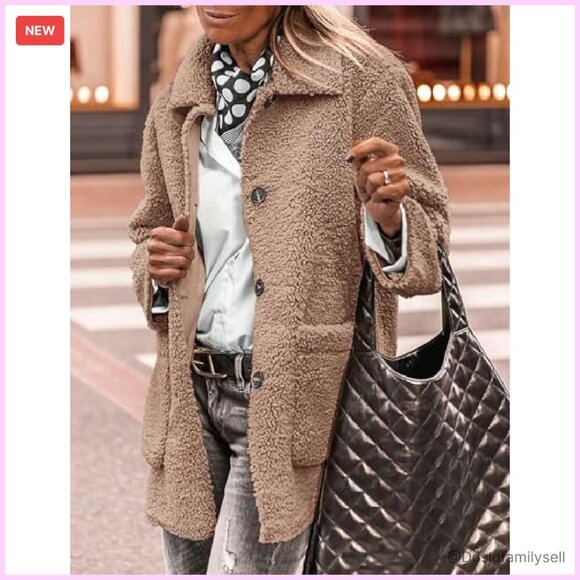 Faux Fur Sherpa Jacket Lapel Button Down Pockets Cozy Chic Outerwear - Picture 6 of 8